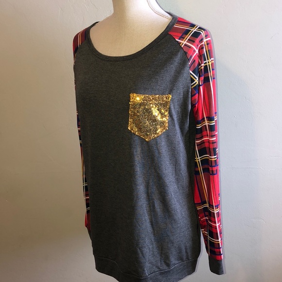 NEW PLAID SEQUIN POCKET Blouse - Picture 5 of 7